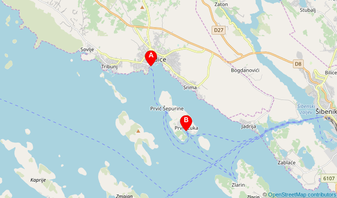 Map of ferry route between Vodice and Prvic Luka